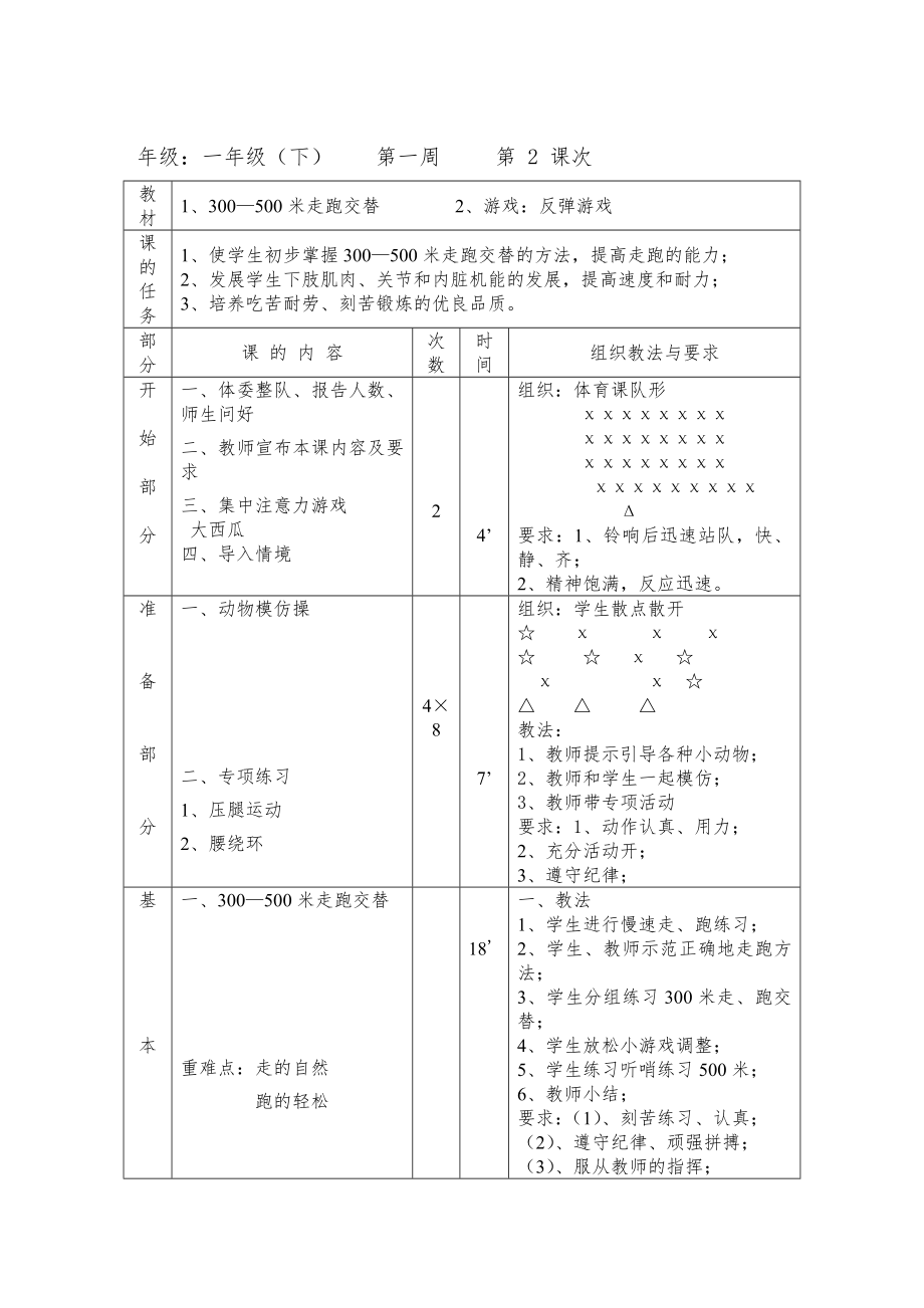 小学体育教案一年下册教案全册