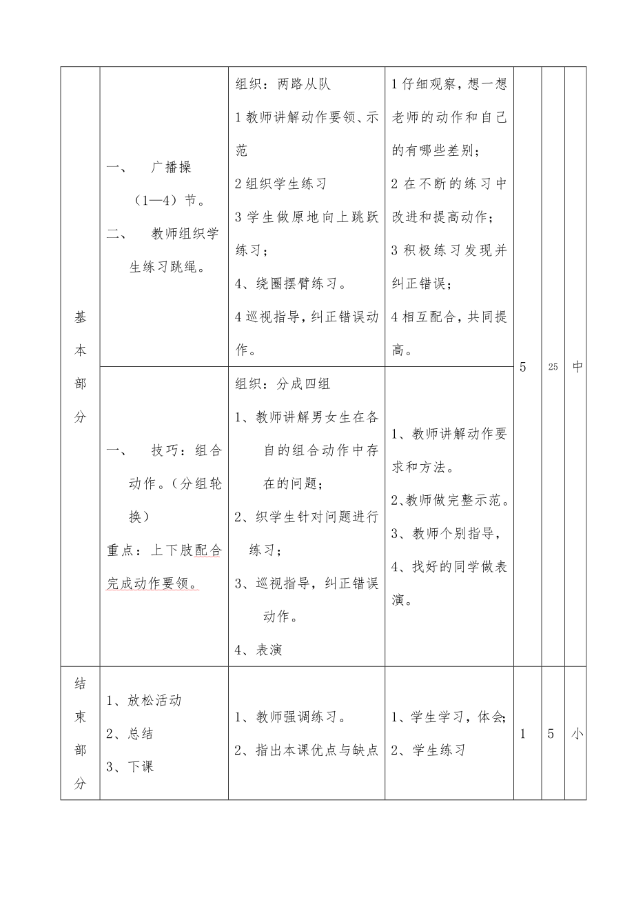 小学四年级体育课教案