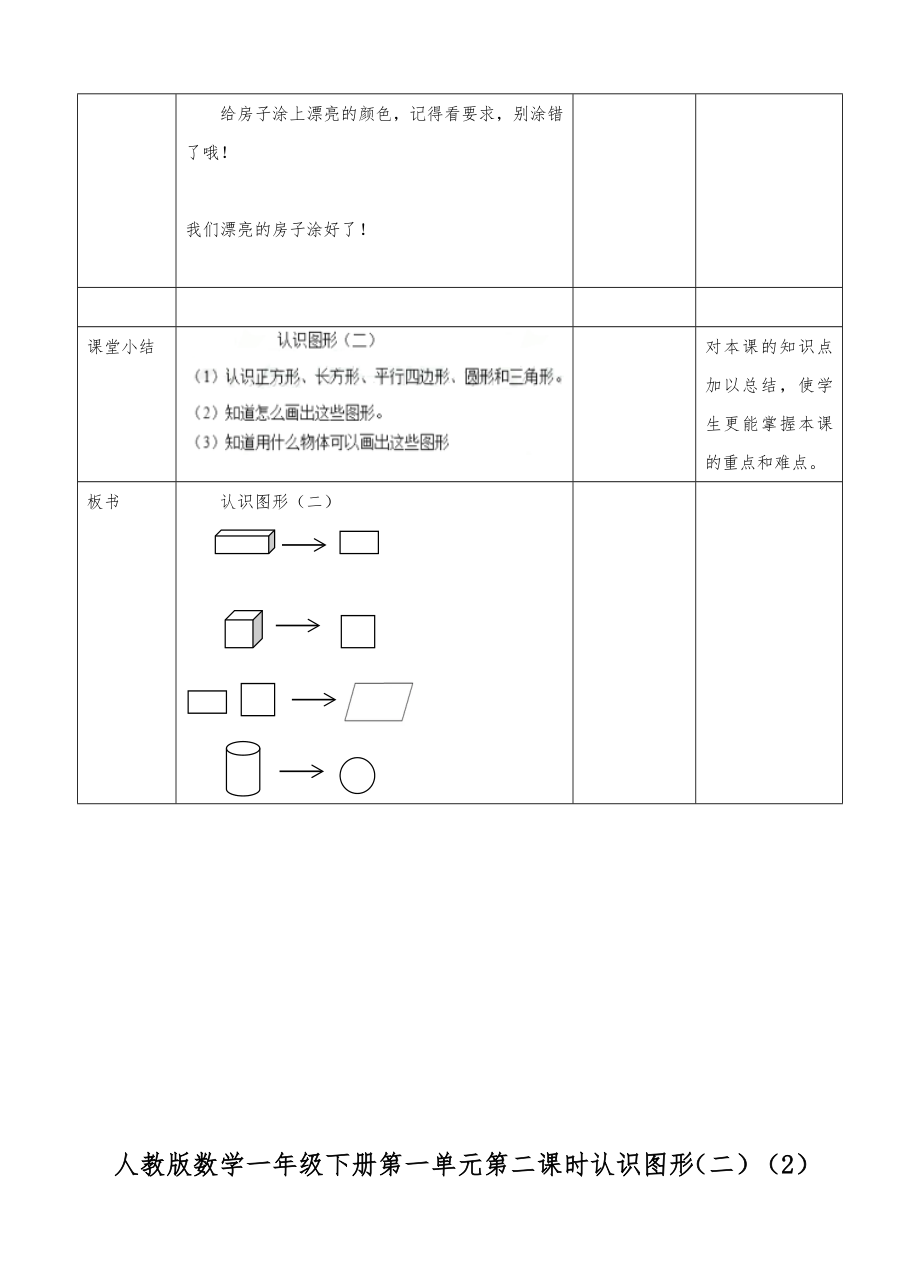 人教版数学一年级下册全册教案教学设计表格式