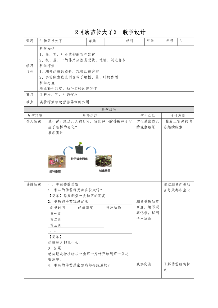 苏教版三年级下科学全册表格式教案全套