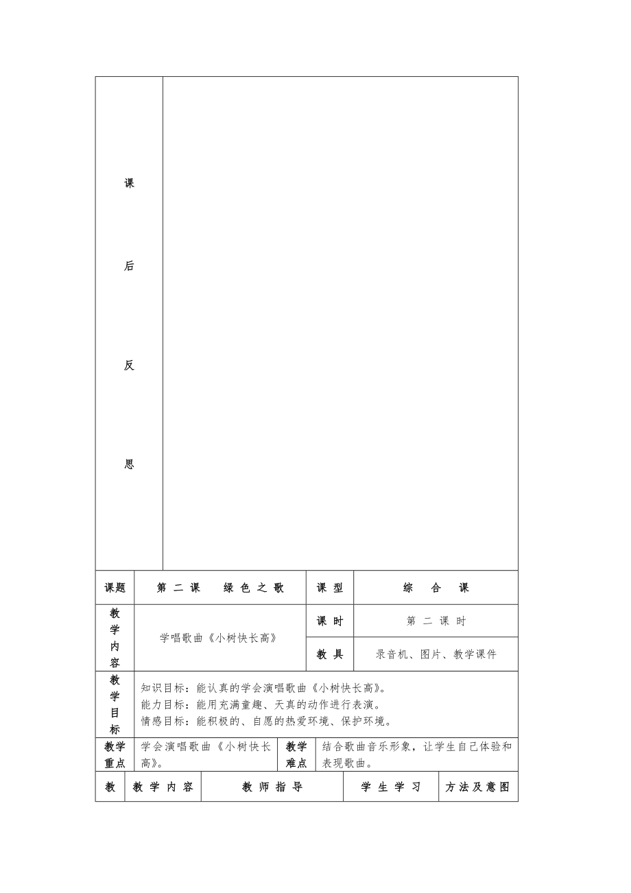 湘版二年级音乐下册全册备课教案表格式教案1