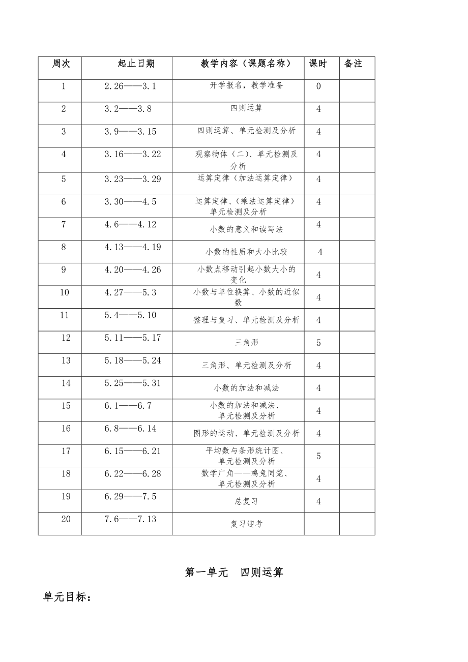 人教版小学四年级数学下册知识点全册教案