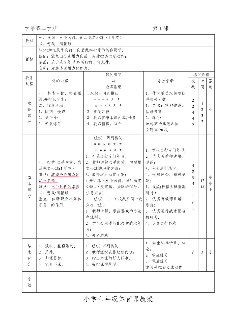 小学六年级下册体育教案全册41