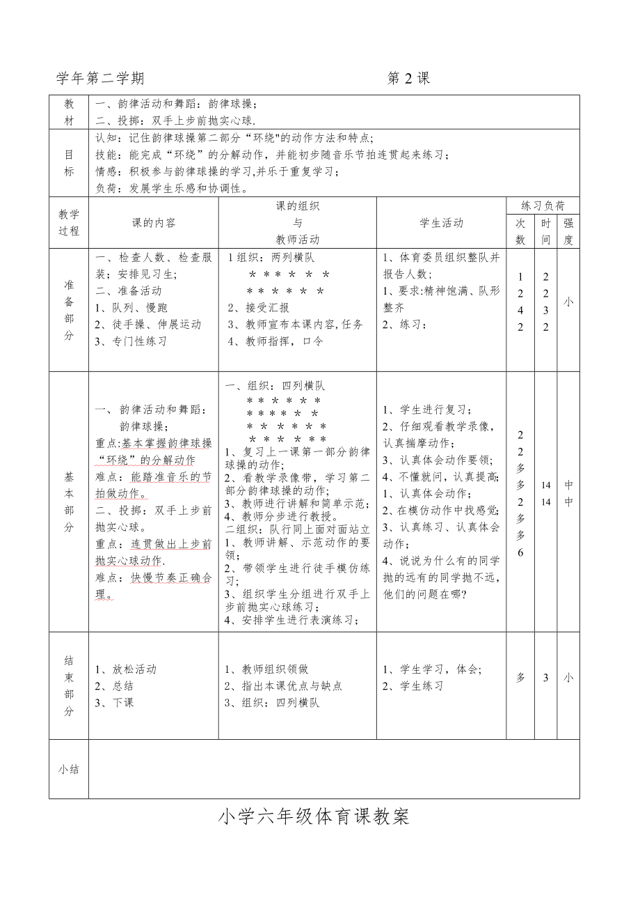 小学六年级下册体育教案全册41