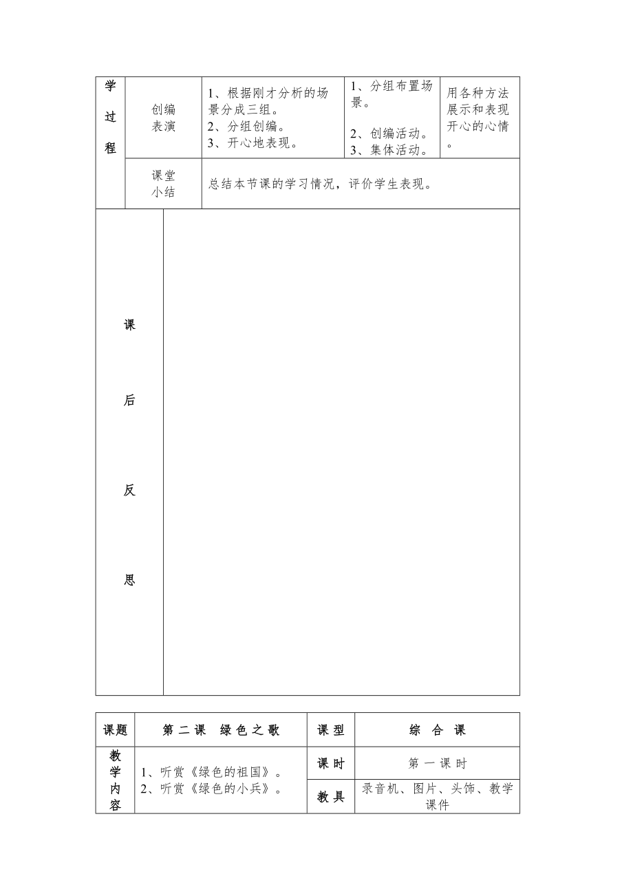 湘版二年级音乐下册全册备课教案表格式教案12