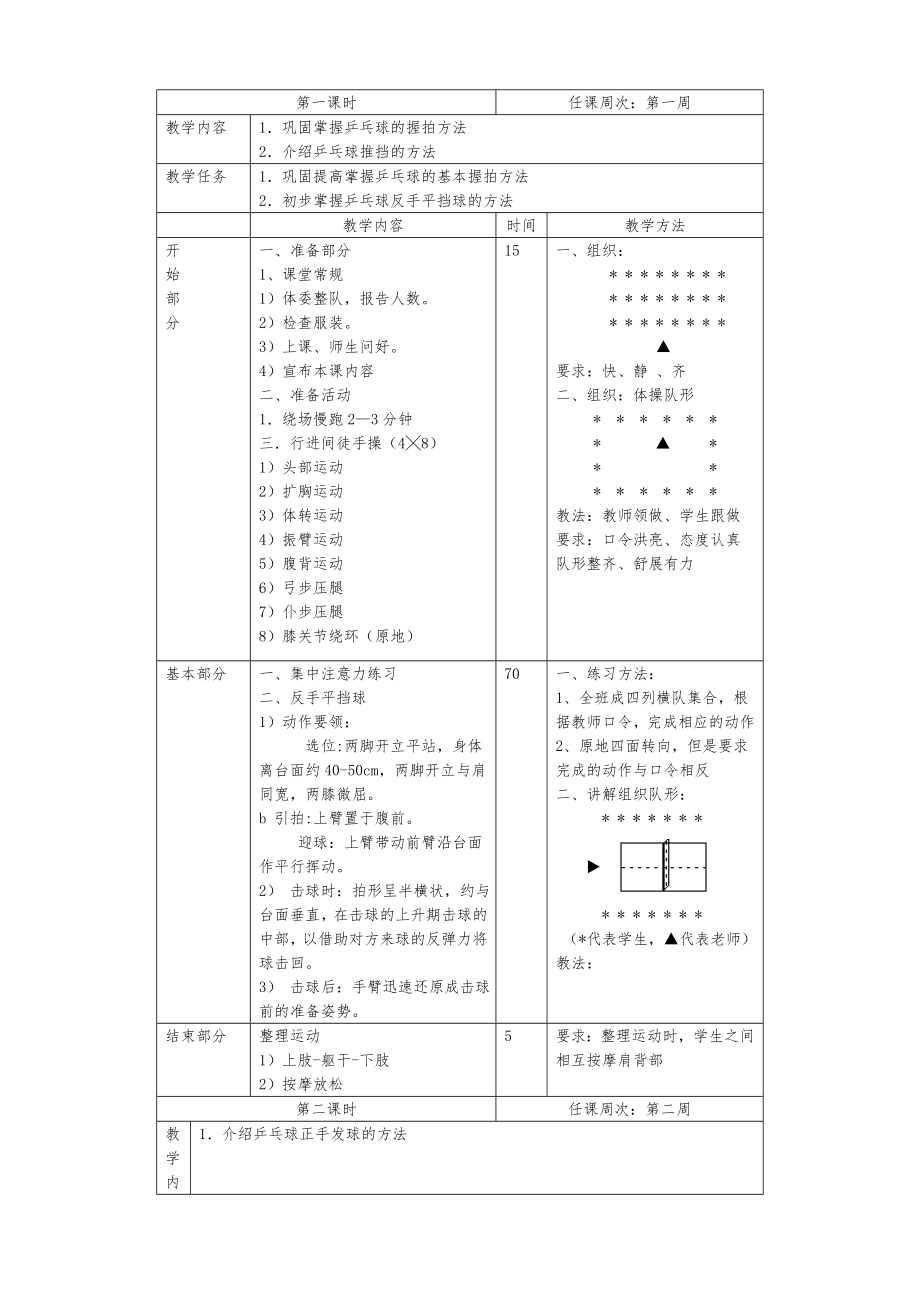 小学乒乓球教案