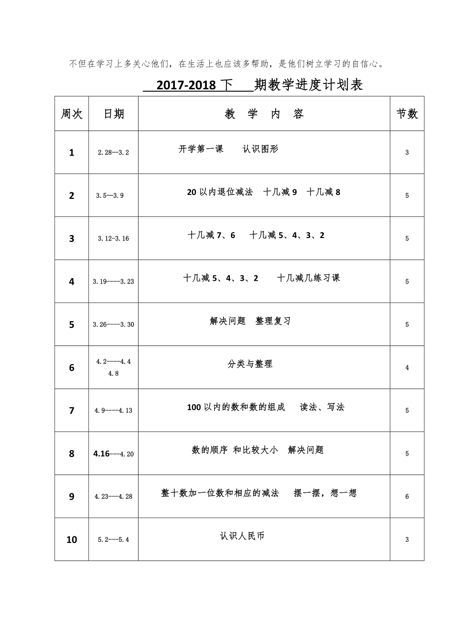 人教版一年级数学下册教案全册18