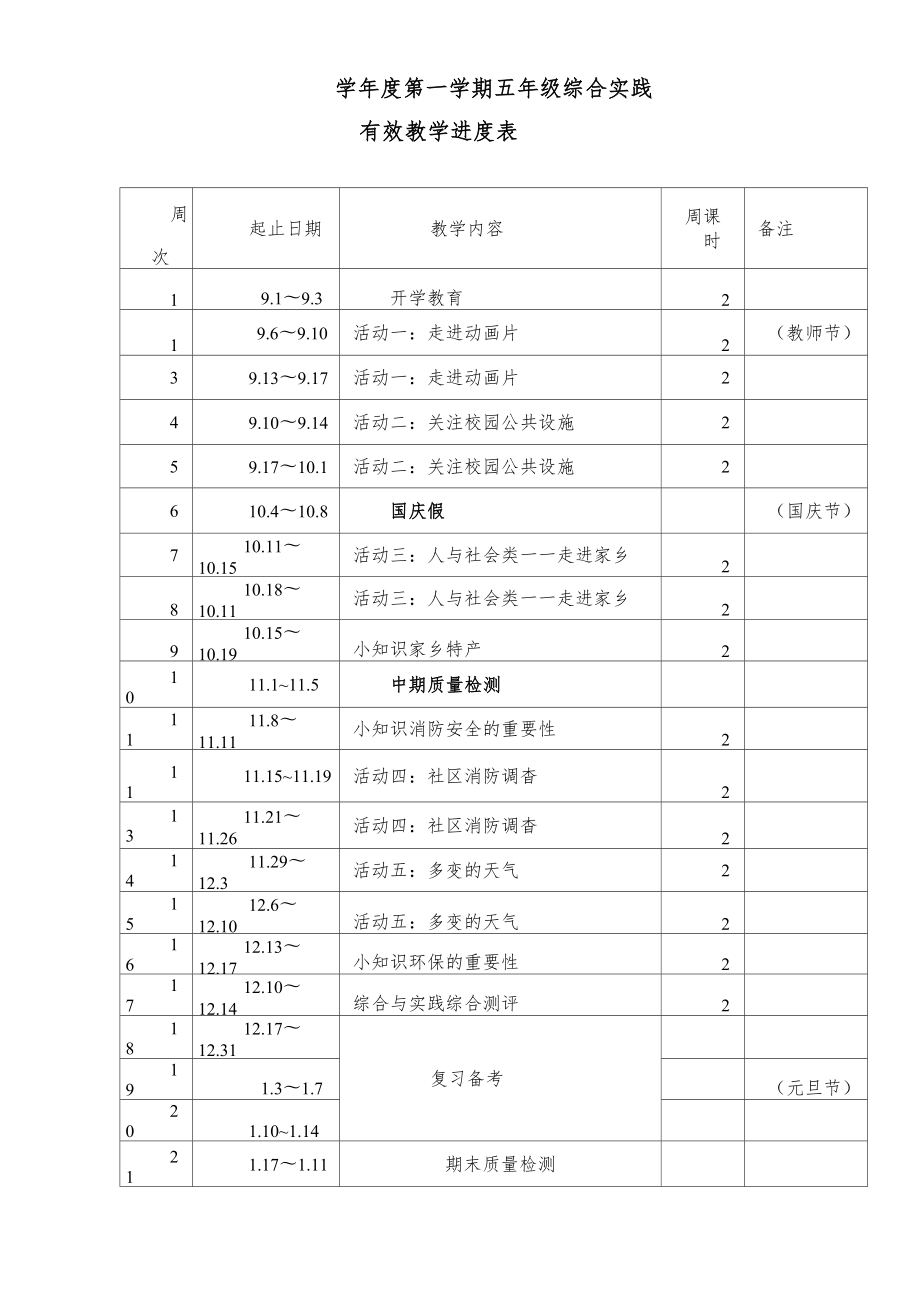 小学《实践活动》五年级上册全册教案