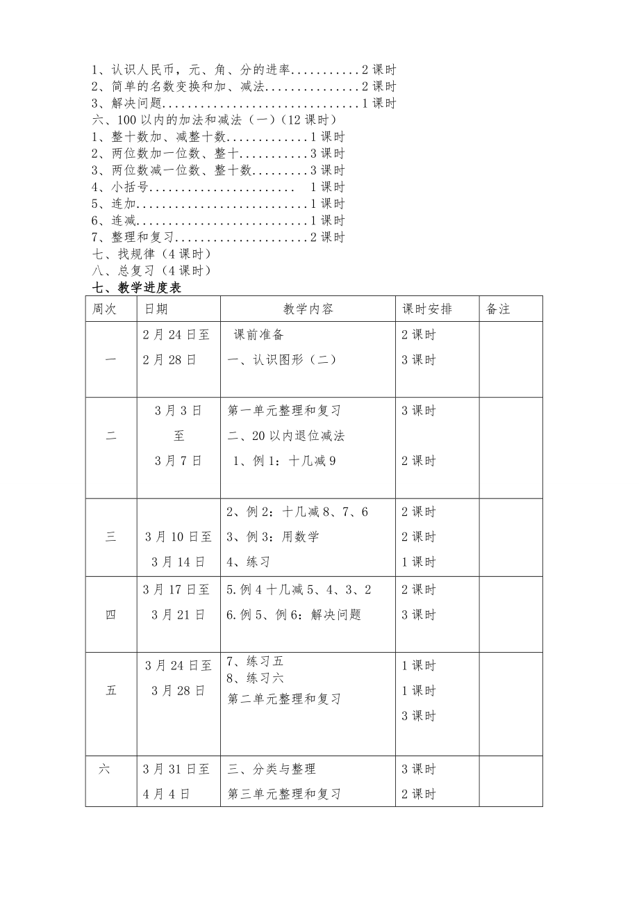 人教版一年级数学下册全册教案(含教学计划反思)1