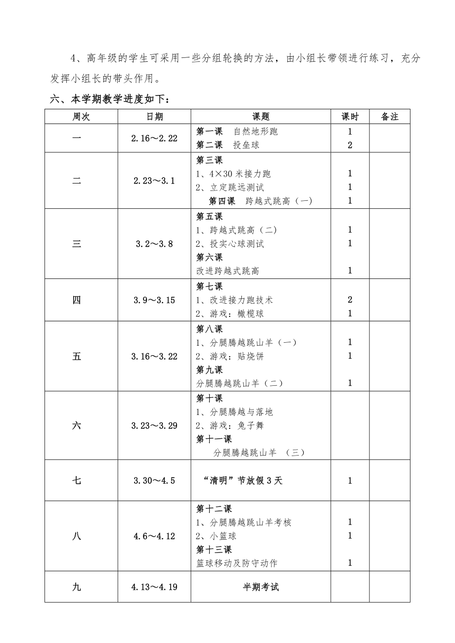 五年级下学期体育教学计划和教案