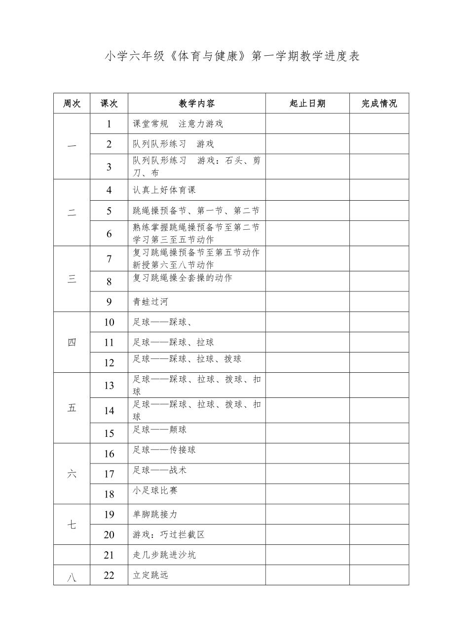 人教版小学六年级上册体育教案全套12