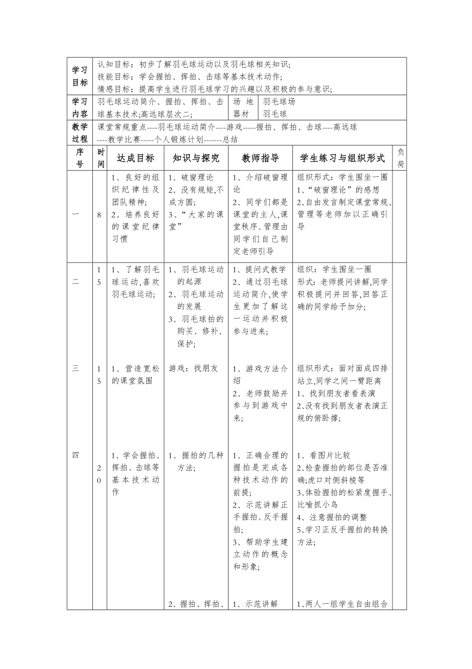 小学羽毛球特色教学教案羽毛球