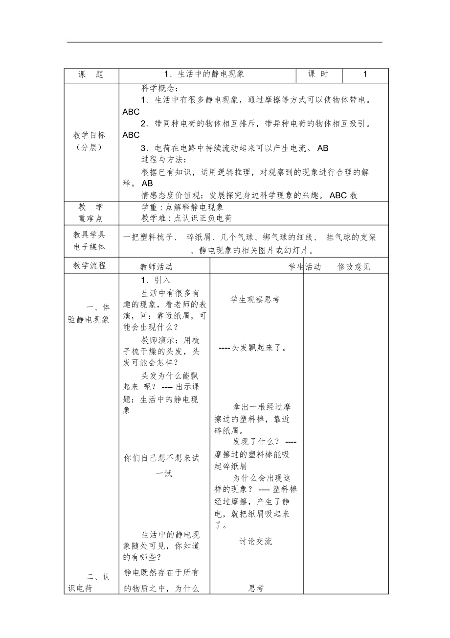 教科版小学四年级下册科学表格式教案全册