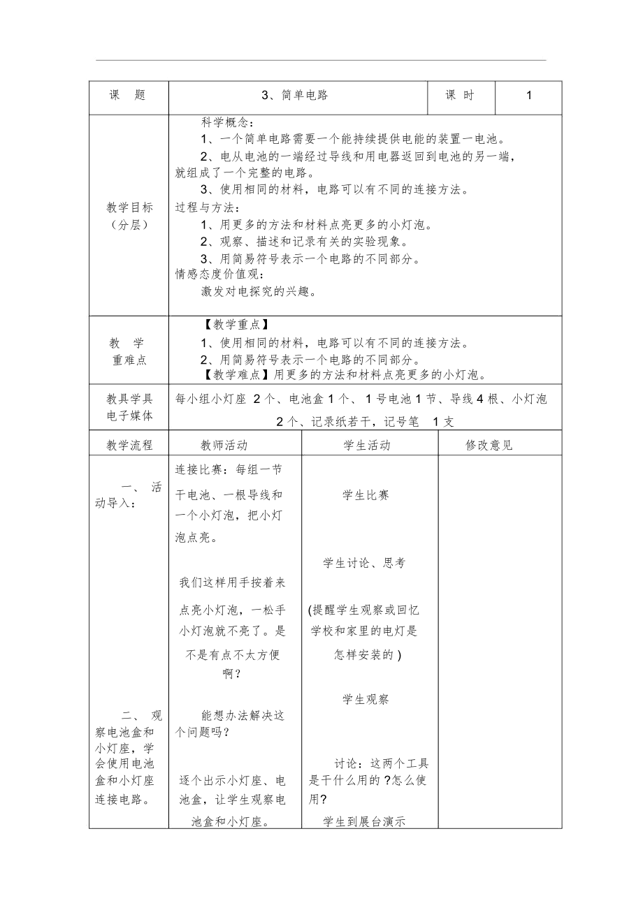 教科版小学四年级下册科学表格式教案全册