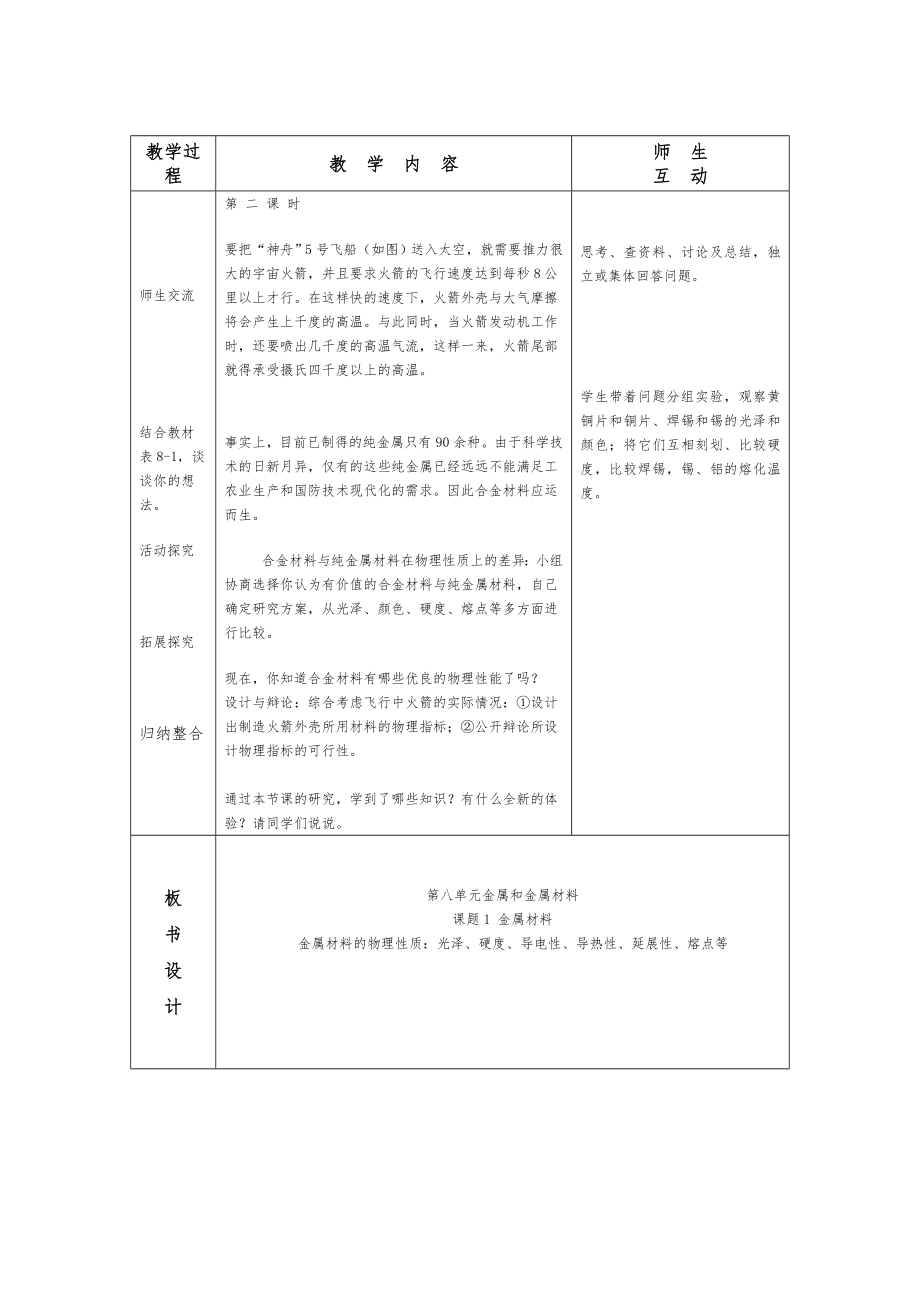 人教版初中化学九年级下册全册全套教案表格式教学设计