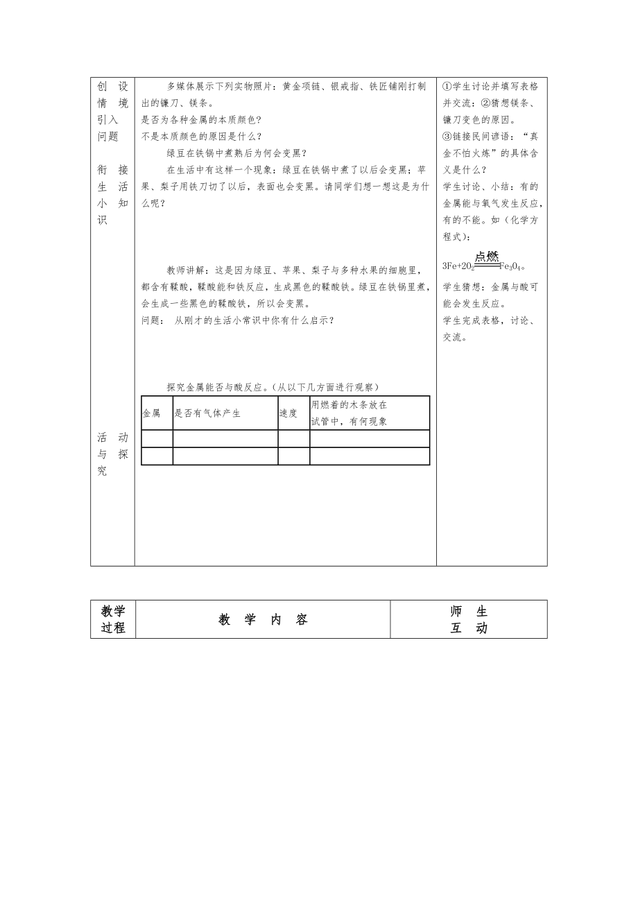 人教版初中化学九年级下册全册全套教案表格式教学设计