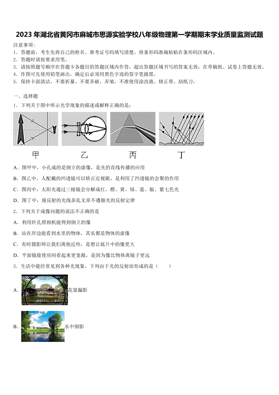 2023年湖北省黄冈市麻城市思源实验学校八年级物理第一学期期末学业质量监测试题含解析