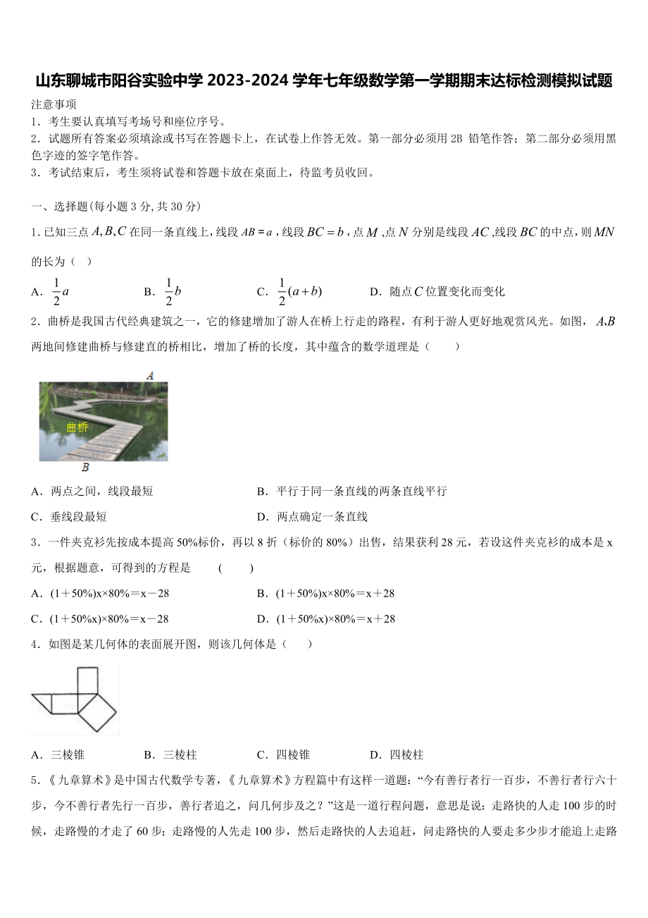 山东聊城市阳谷实验中学2023-2024学年七年级数学第一学期期末达标检测模拟试题含解析