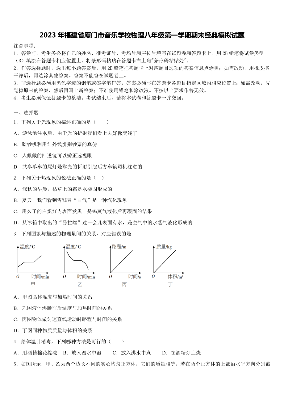 2023年福建省厦门市音乐学校物理八年级第一学期期末经典模拟试题含解析