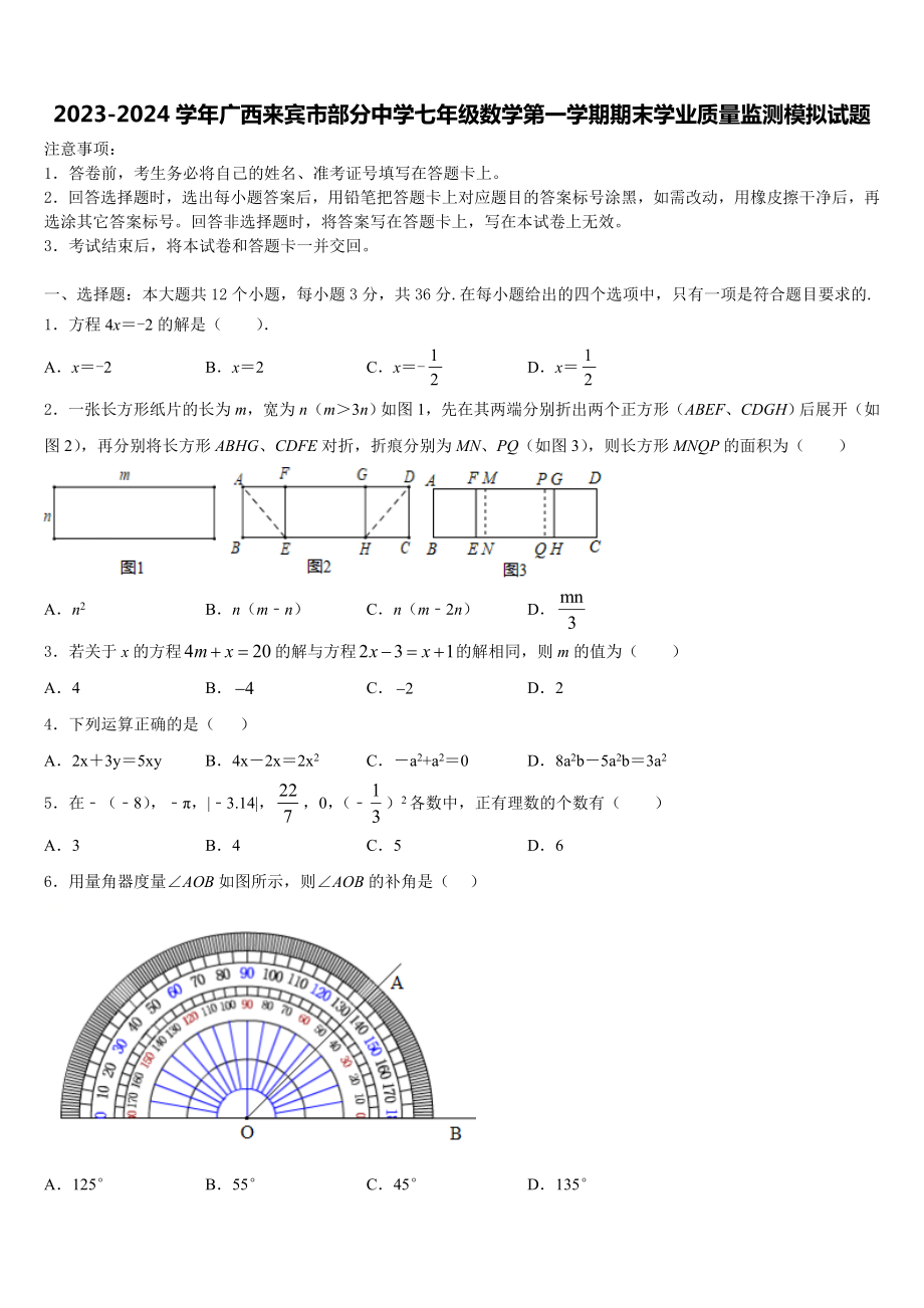 2023-2024学年广西来宾市部分中学七年级数学第一学期期末学业质量监测模拟试题含解析