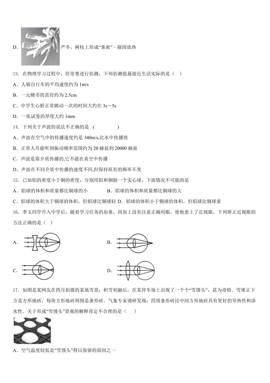 2023年四川省资阳市雁江区迎丰祥物理八上期末调研模拟试题含解析