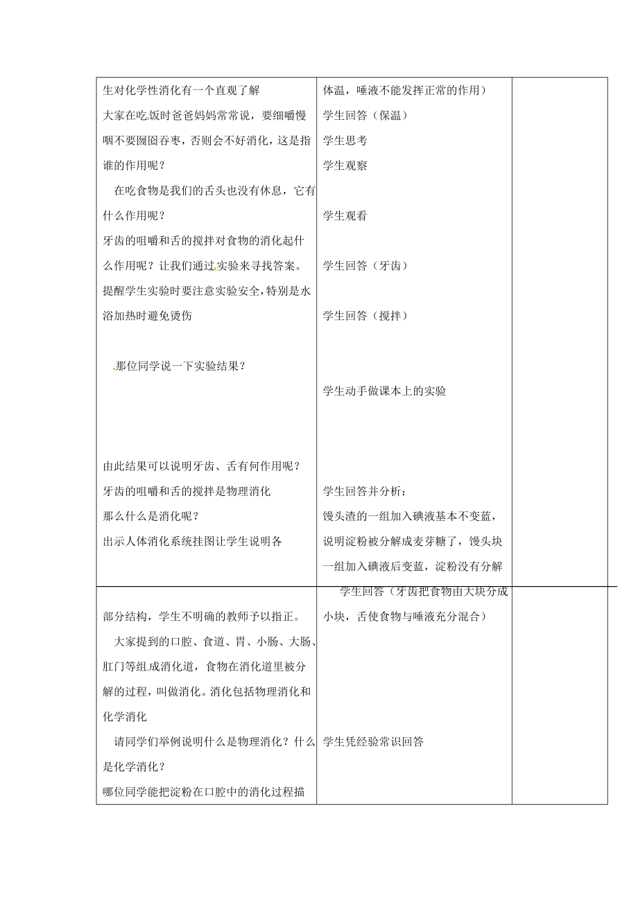 -七年级生物下册 第一章 第二节 食物的消化第一课时教案 冀教版