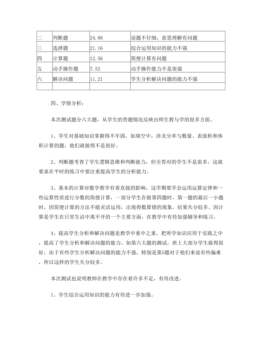 五年级数学期末考试质量分析报告