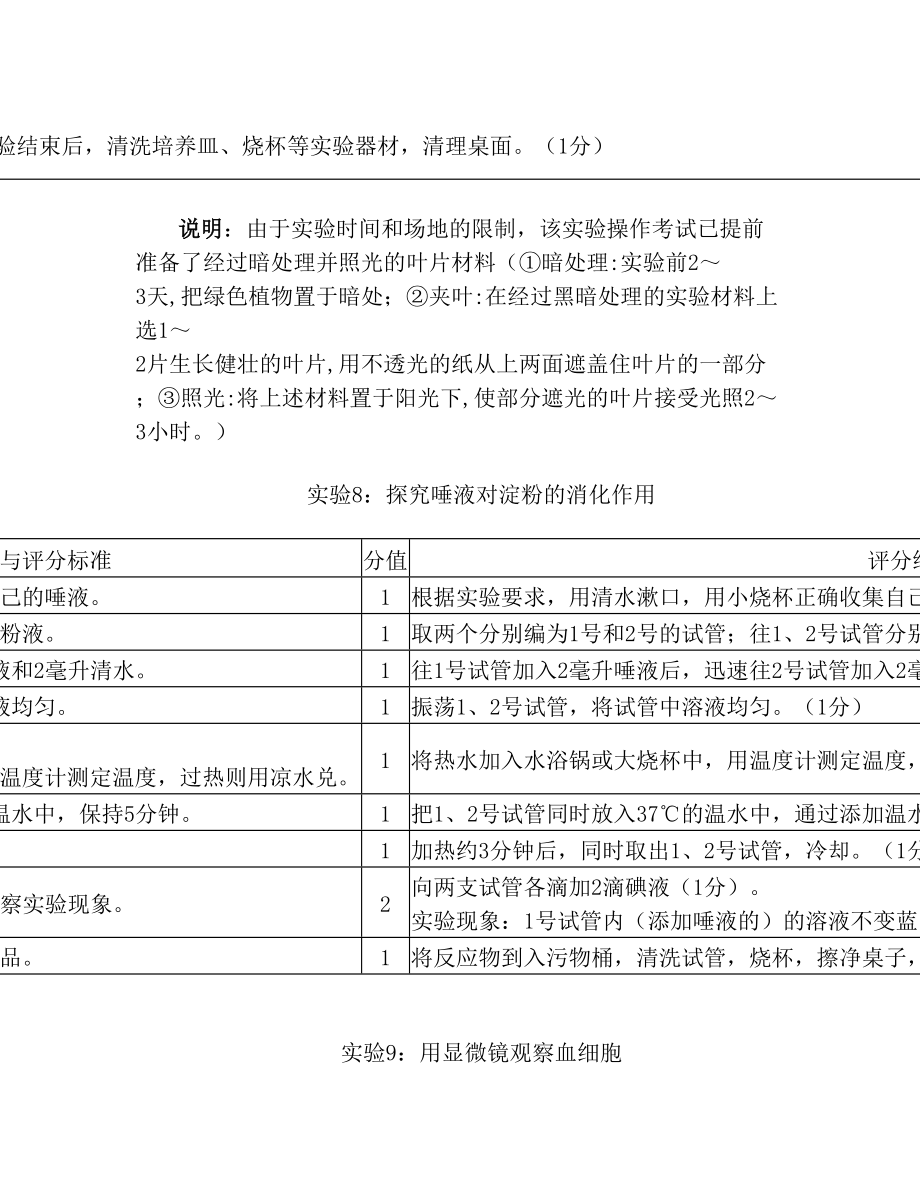 初中生物实验操作考核各实验的评分标准与细则