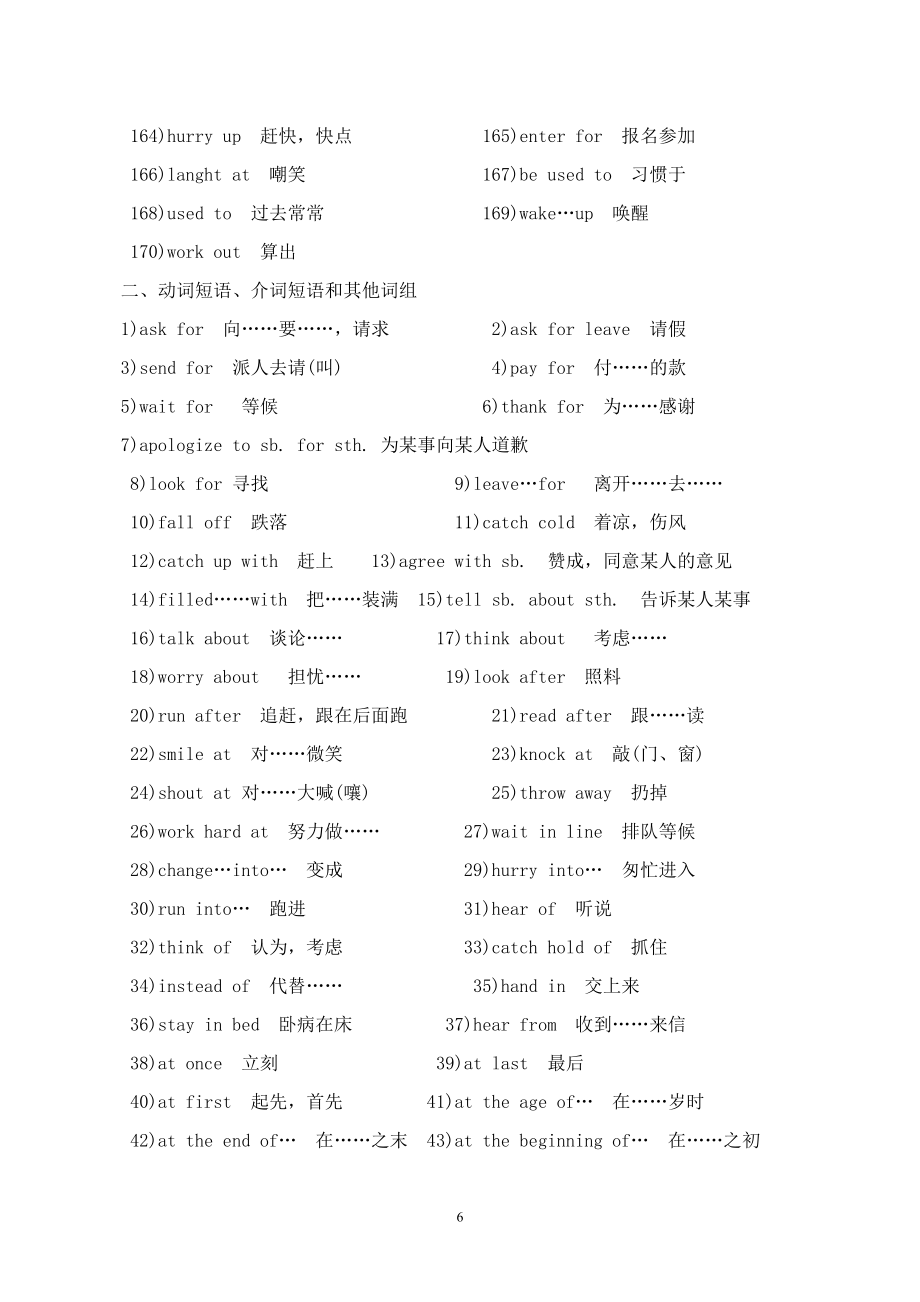 初中英语常用词组５００个