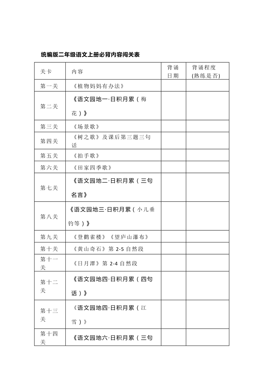 统编二年级语文上册必背内容及闯关表