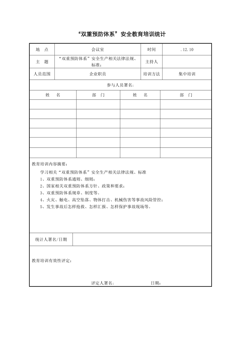 版双重预防标准体系安全教育培训记录