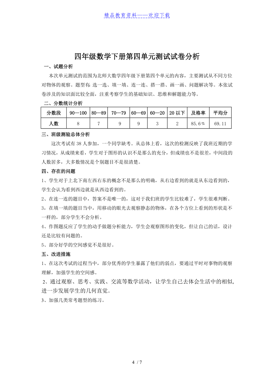 北师大版四年级数学下册试卷分析——推荐