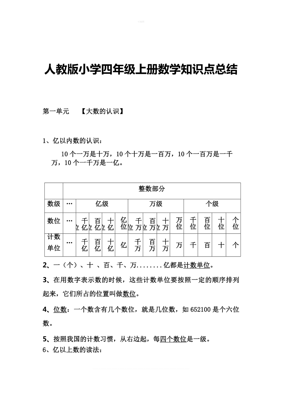 人教版小学四年级上册数学知识点总结