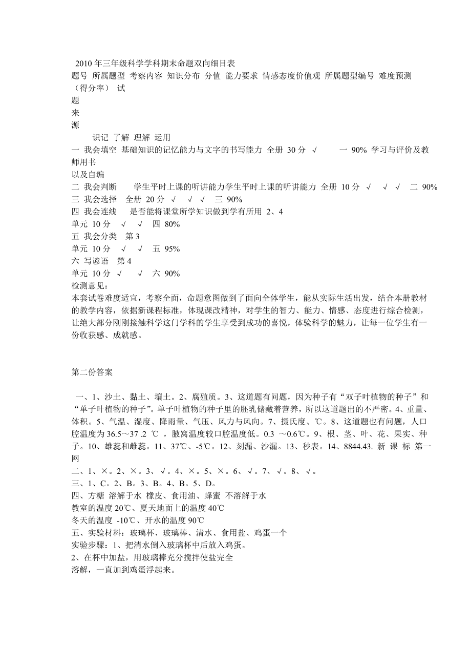 苏教版小学三年级科学下册期末模拟试题