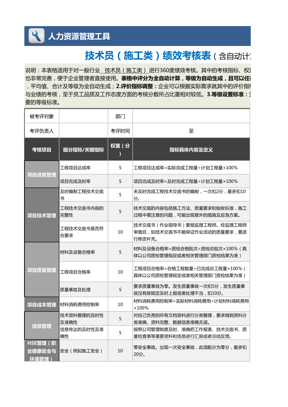 7技术员（施工类）绩效考核表（含自动计算及等级评价）