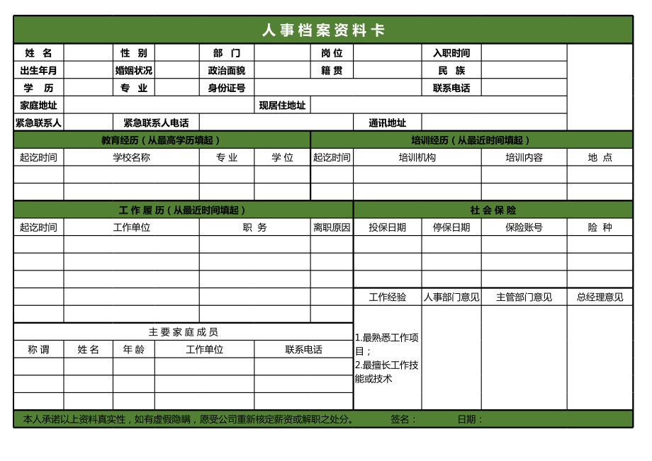 人事档案质料表