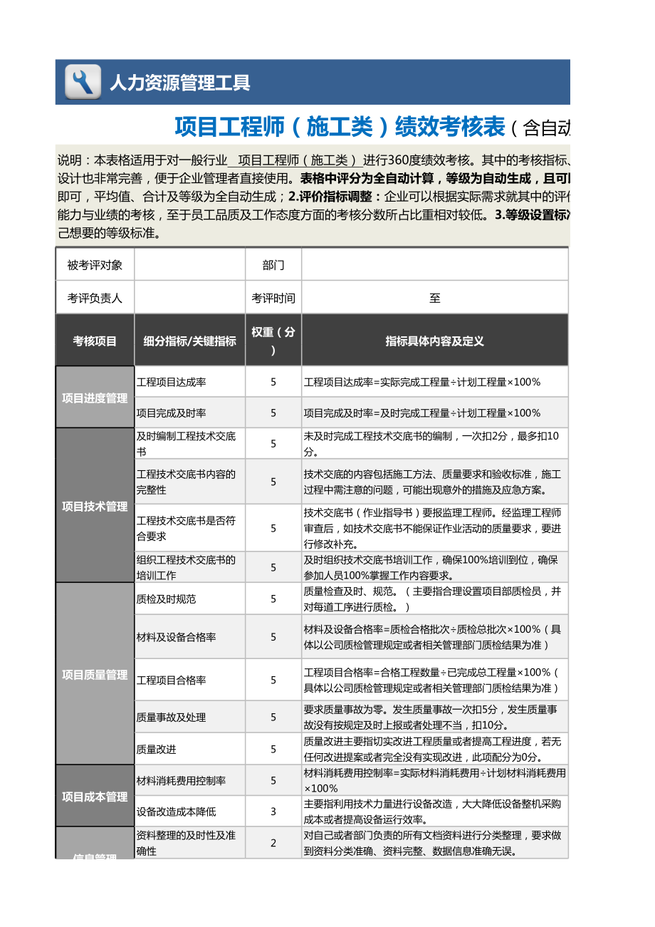 3项目工程师（施工类）绩效考核表（含自动计算及等级评价）