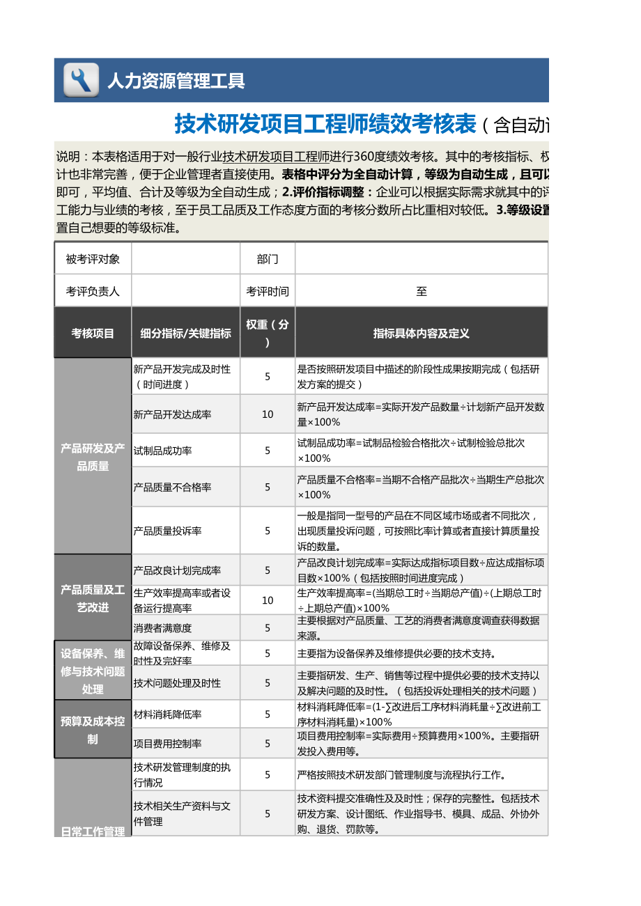 3技术研发项目工程师绩效考核表（自动计算、等级评价）