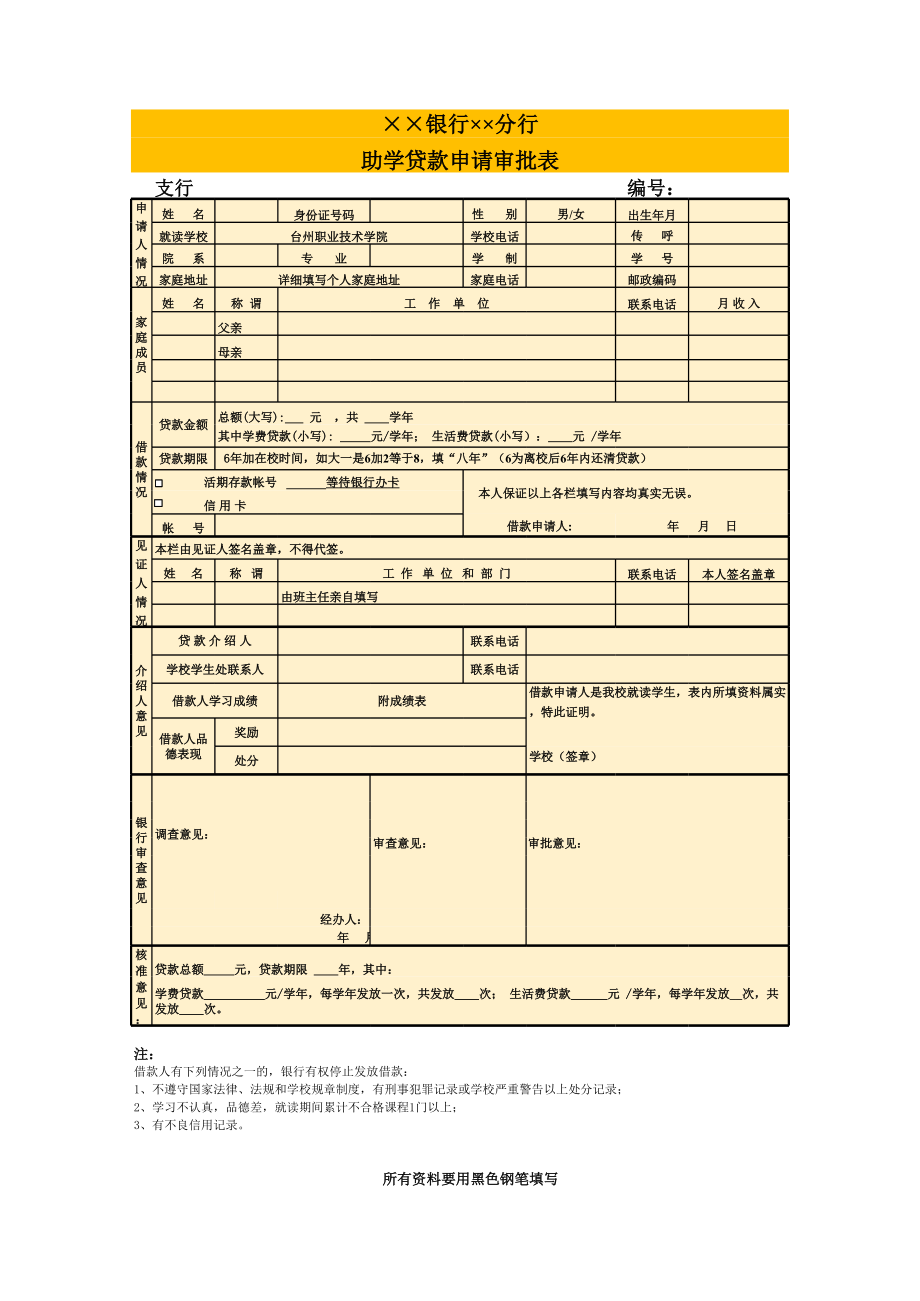 银行助学贷款申请审批表