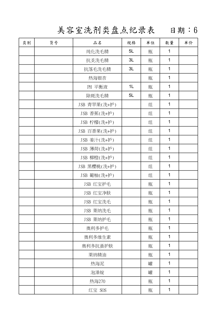 美容室洗剂类盘点记录表