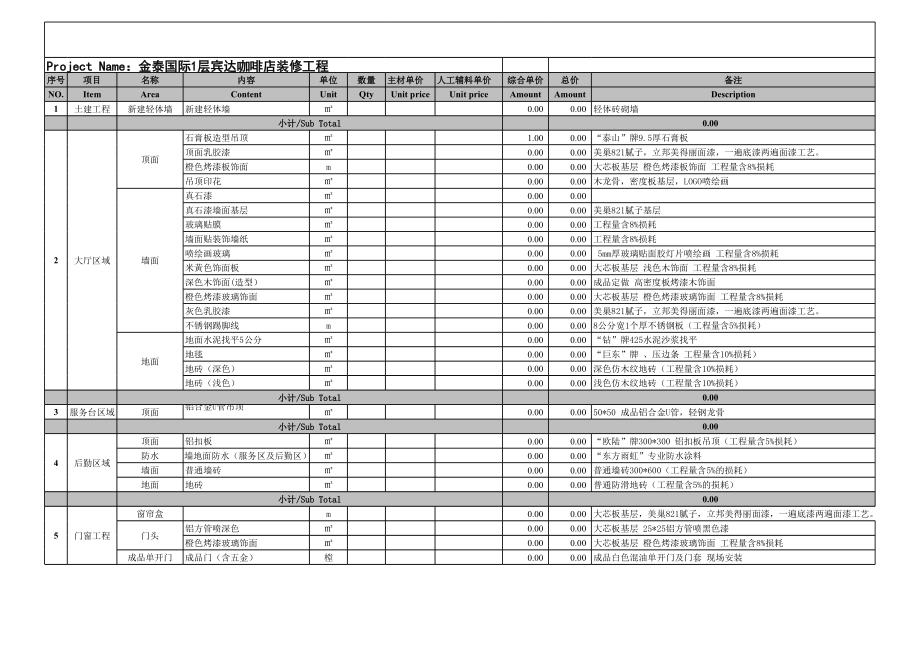 宾达咖啡店装修分区报价模板