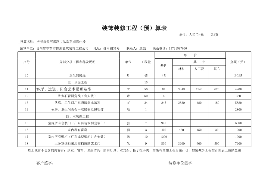 装饰装修工程预算表 2年