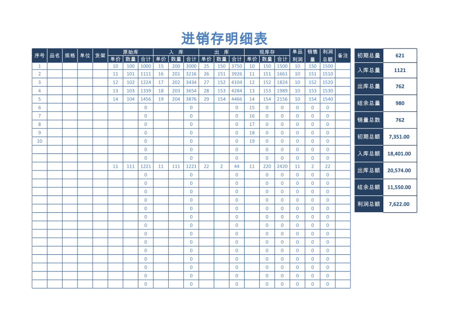 蓝色进销存明细表