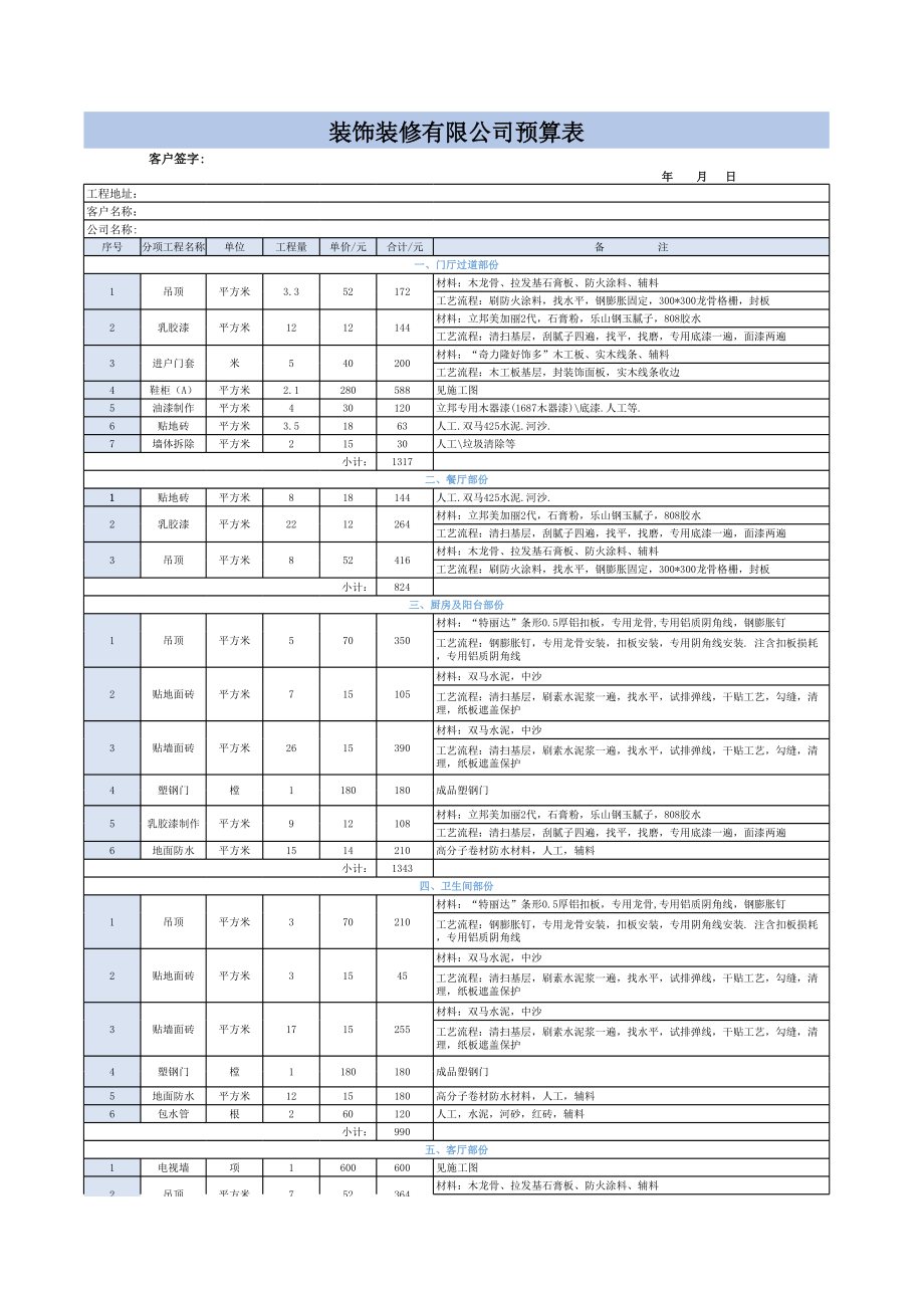 装修公司预算表模板