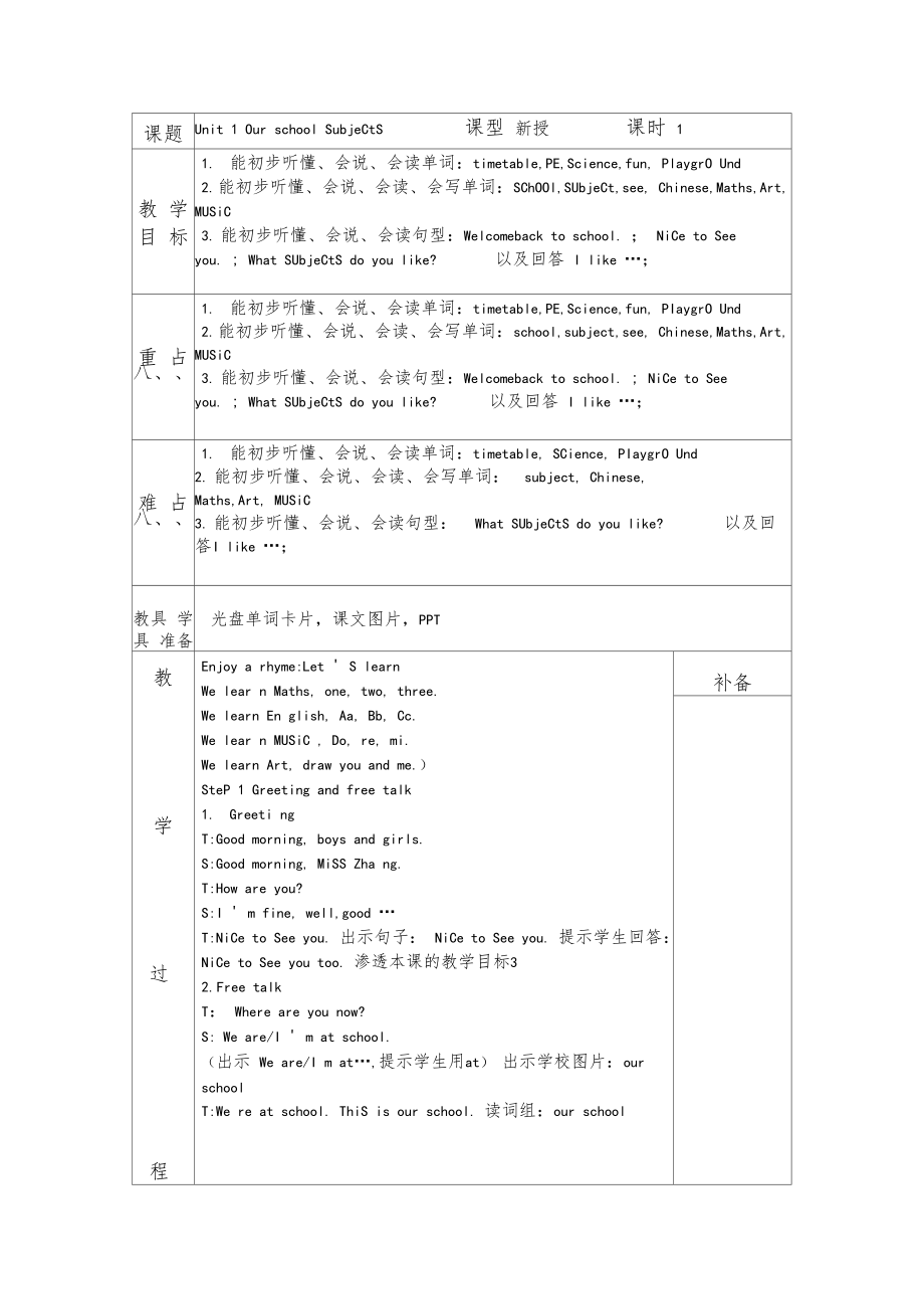 译林版英语四年级下册全册教案