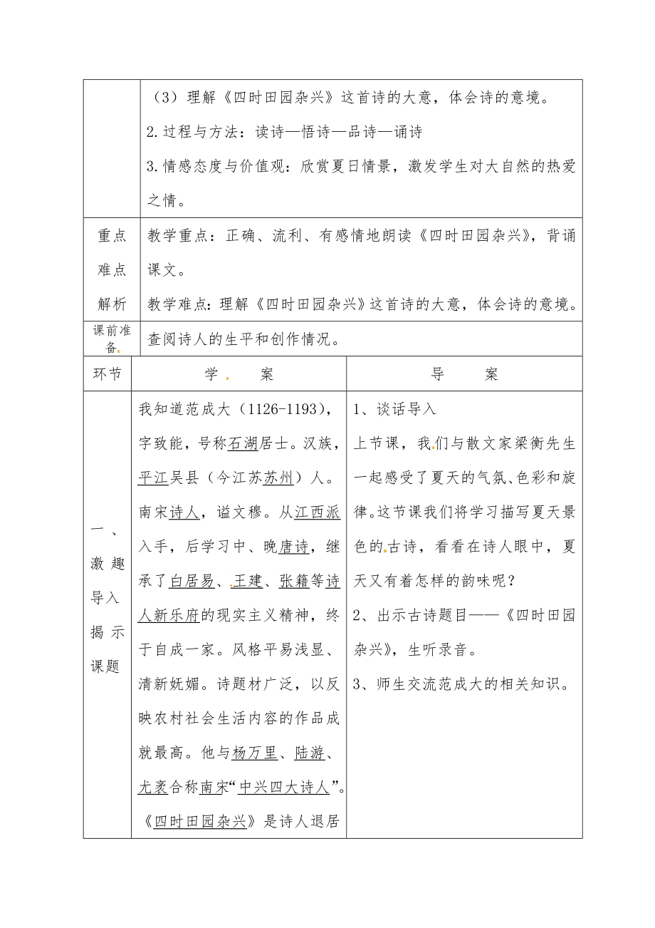 部编版四年级下册语文全册教案（表格版）期末知识点复习