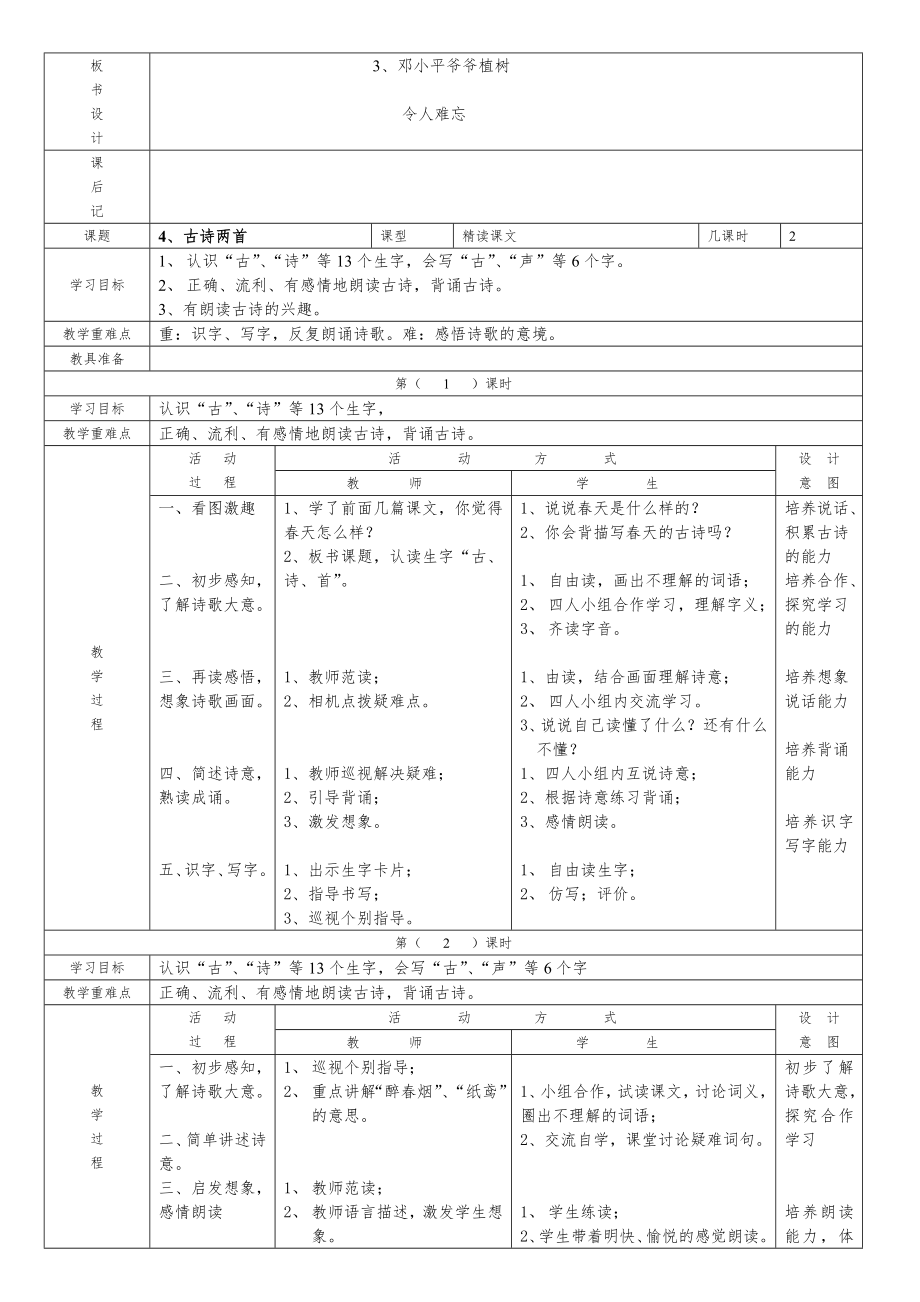 苏教版小学一年级语文下册全册电子教案表格式