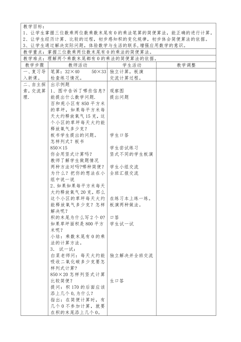 苏教版四年级下册数学表格式教案(全册)(配套教案／导学案)2