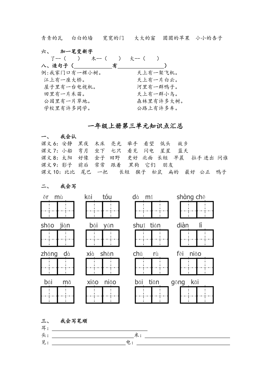 一年级上册语文各单元知识点汇总试题