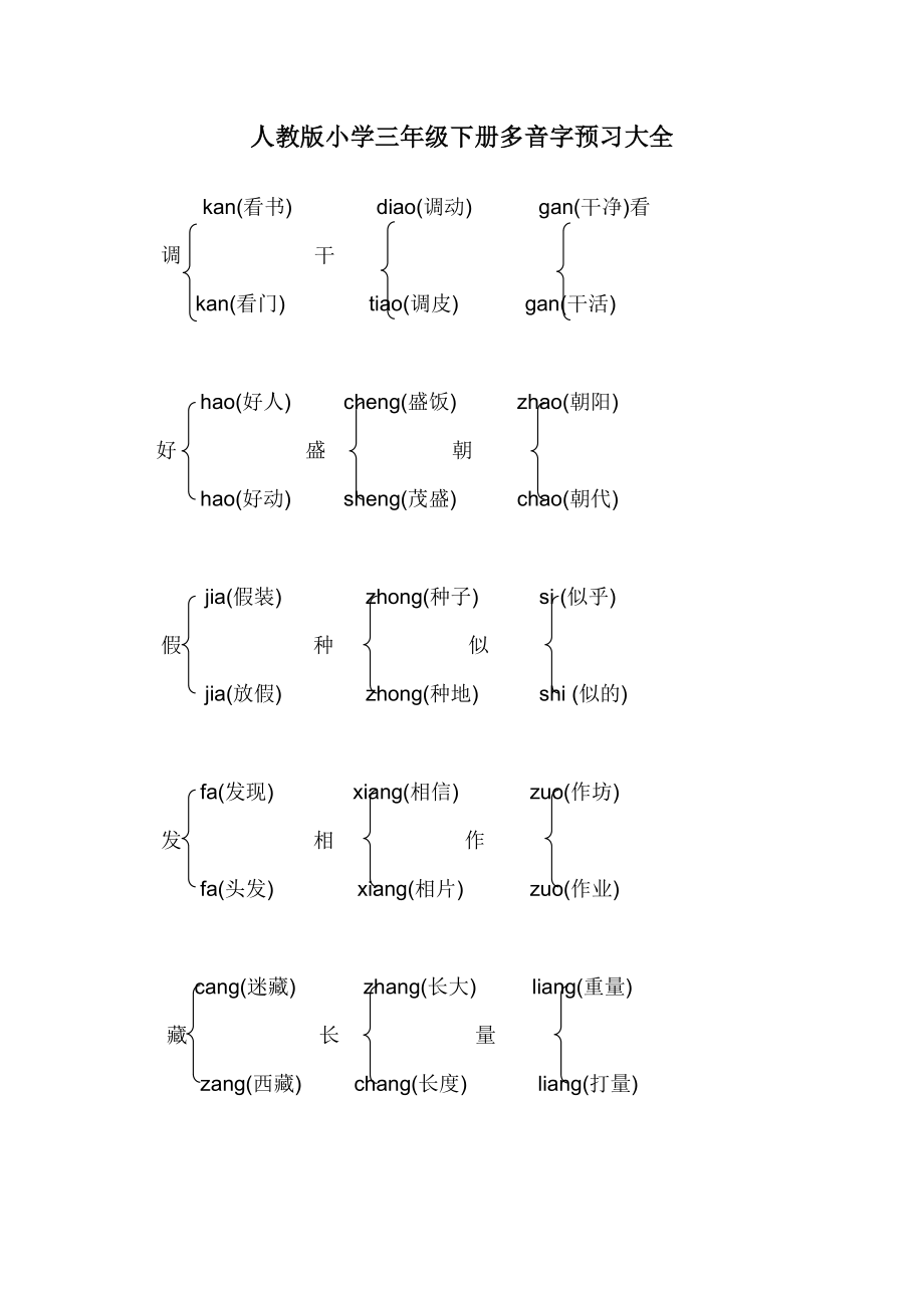 人教版小学三年级下册多音字复习大全